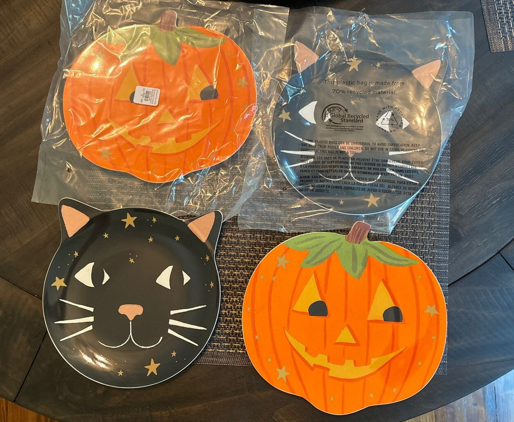Pottery Barn Halloween Holiday party Black Cat Pumpkin Dinner kid plate SET 12 m