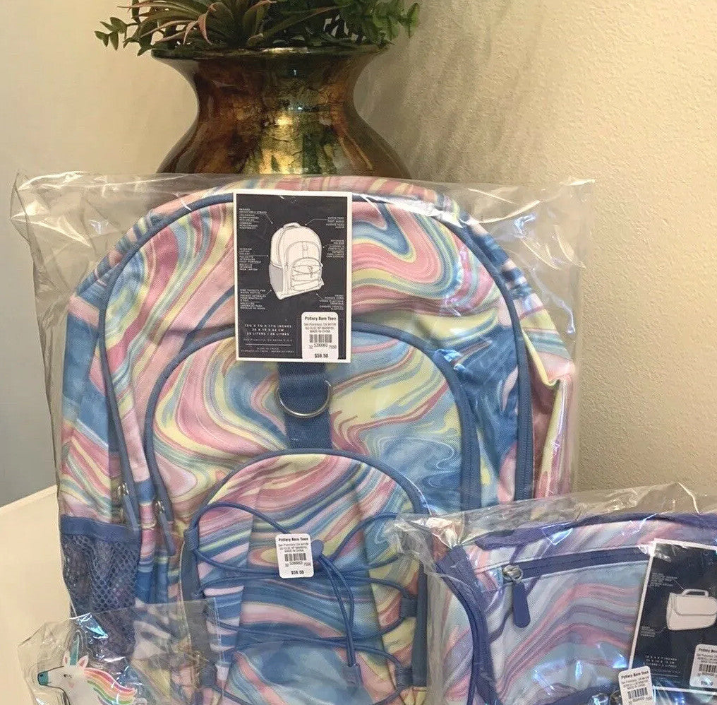 Disney School Pottery Barn LARGE backpack +Lunch bag rainbow princess set ?? .