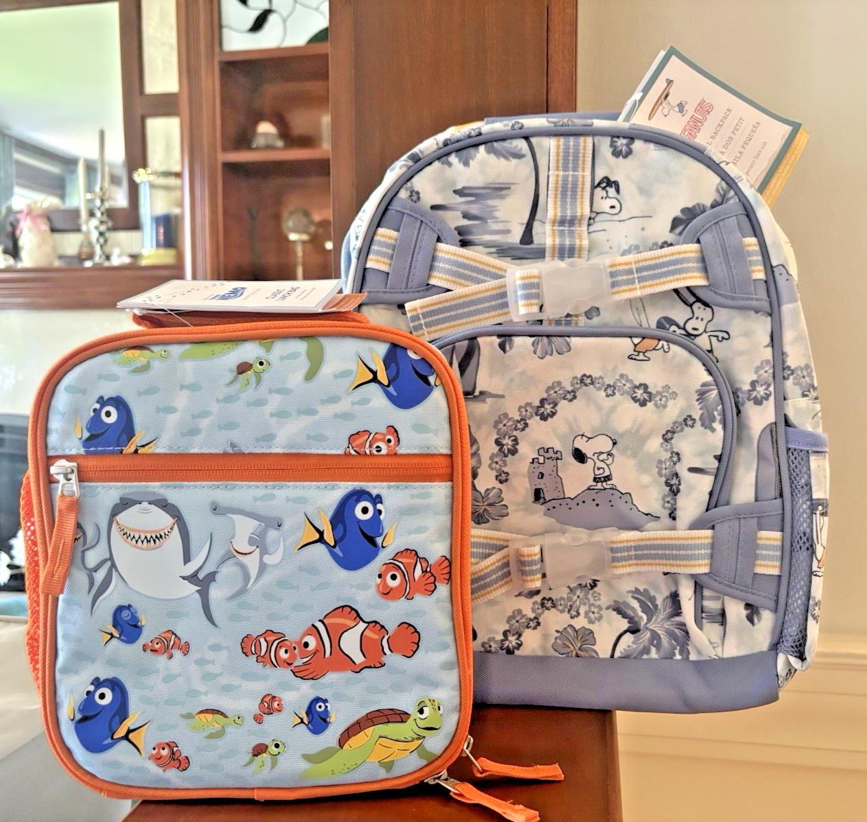 School Pottery barn SNOOPY NEMO BACKPACK +LUNCH BOX BAG Peanuts travel shark .