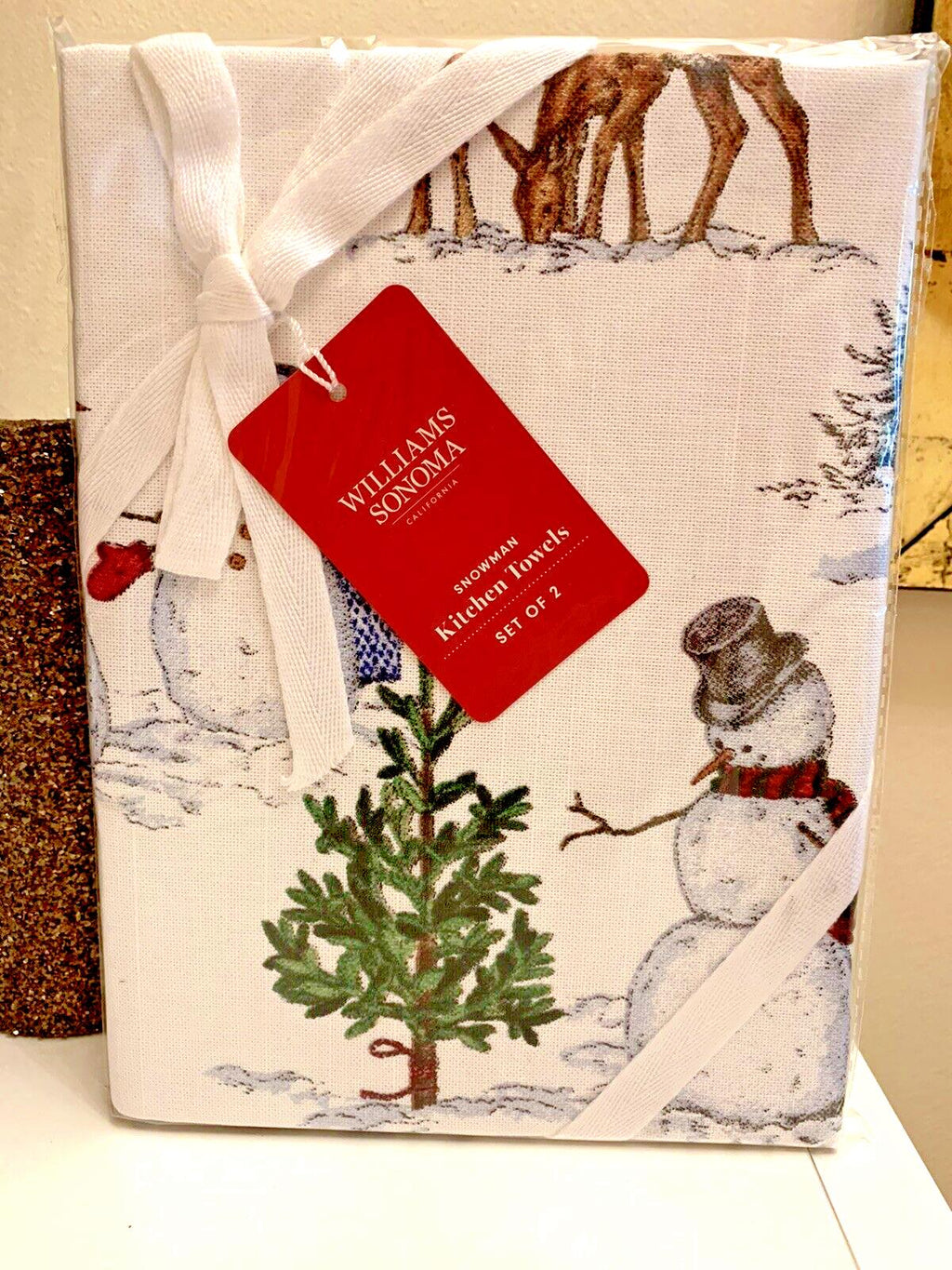 pottery barn kitchen towel Snowman Holiday Christmas party Williams Sonoma SET 2