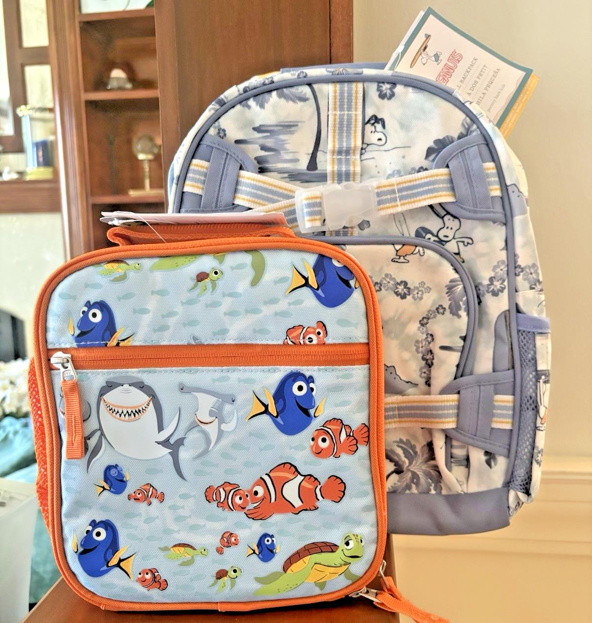 School Pottery barn SNOOPY NEMO BACKPACK +LUNCH BOX BAG Peanuts travel shark .