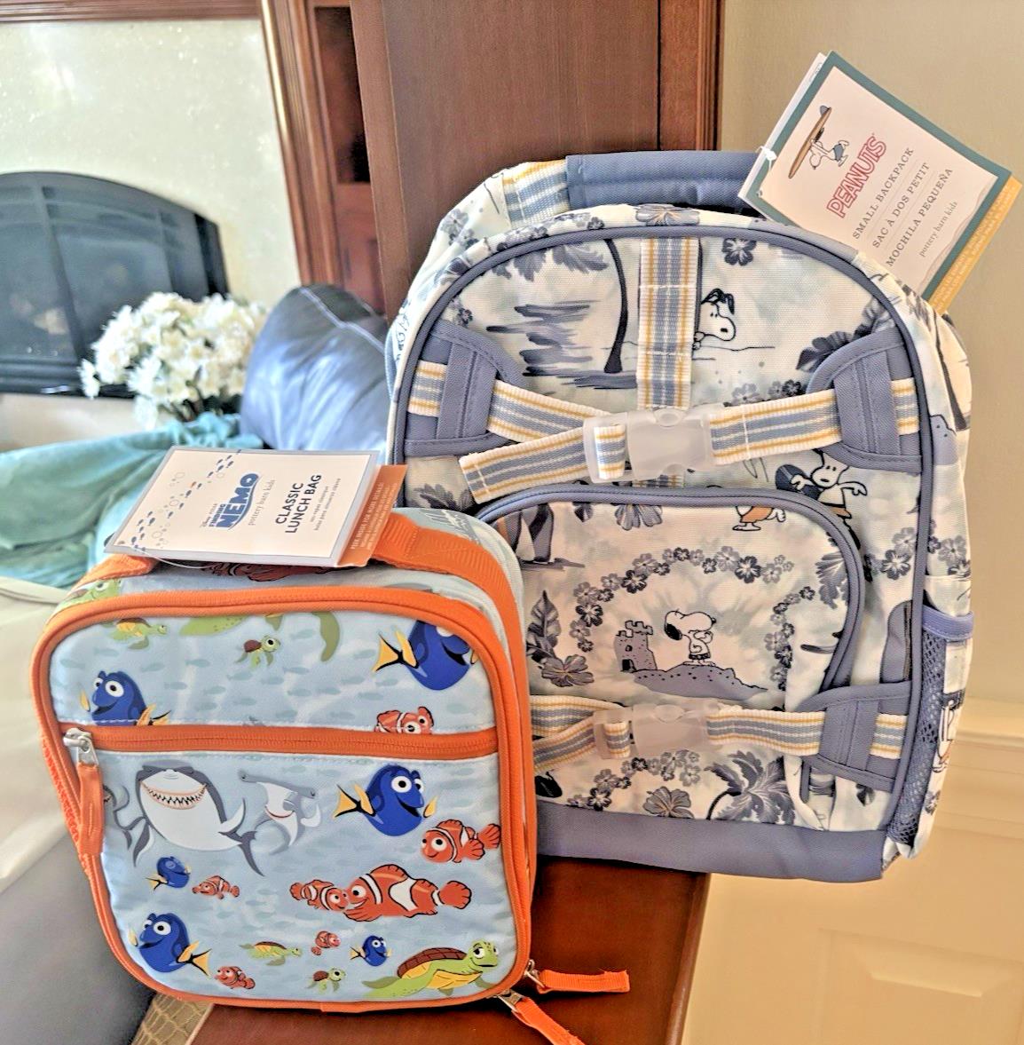 School Pottery barn SNOOPY NEMO BACKPACK +LUNCH BOX BAG Peanuts travel shark .