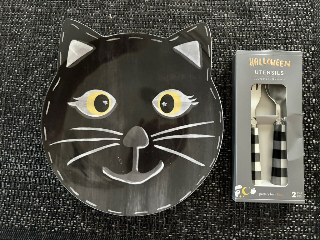 Pottery Barn Halloween Plate Utensil SET Holiday party school black cat Disney 1