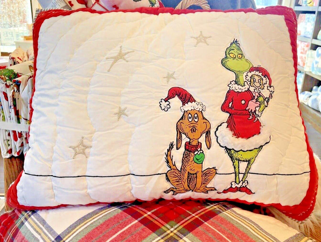 Pottery Barn Grinch Christmas pillow Sham Dr Seuss Disney Holiday party kid NEW