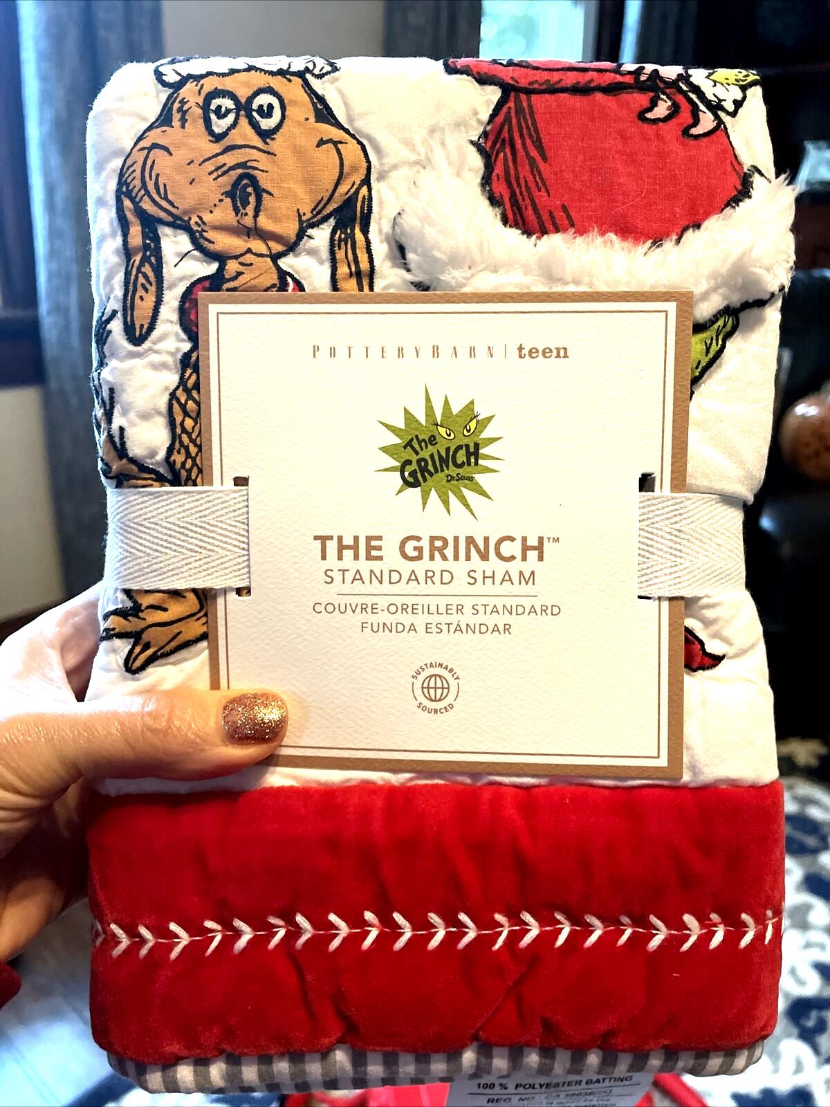 Pottery Barn Grinch Christmas pillow Sham Dr Seuss Disney Holiday party kid NEW