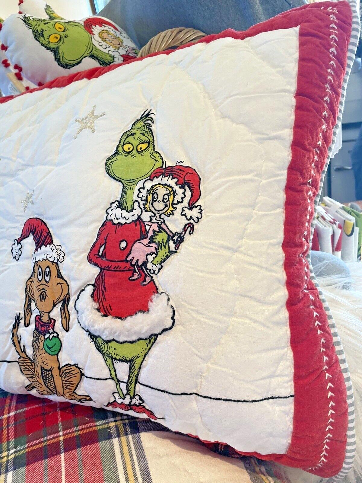 Pottery Barn Grinch Christmas pillow Sham Dr Seuss Disney Holiday party kid NEW
