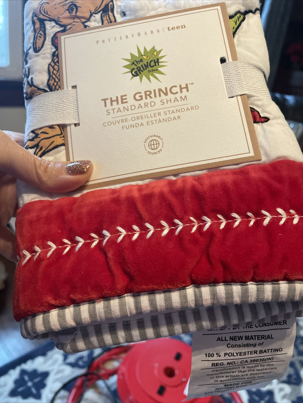 Pottery Barn Grinch Christmas pillow Sham Dr Seuss Disney Holiday party kid NEW