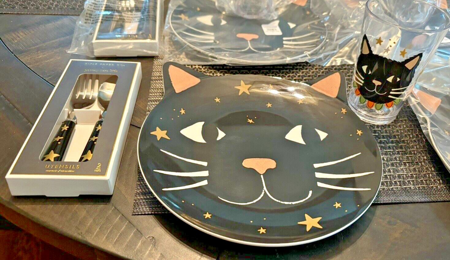 Pottery Barn Disney PLATE+UTENSIL+CUP Halloween Holiday party black cat SET 12 !