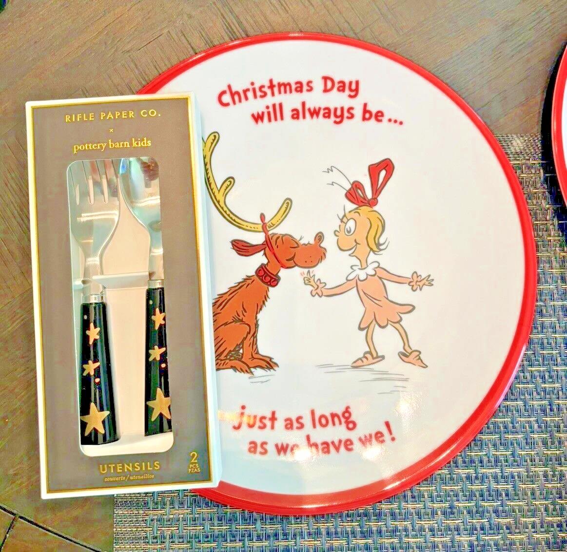 Pottery Barn GRINCH Christmas Plate Disney +Utensil holiday Dr Seuss party kid ,