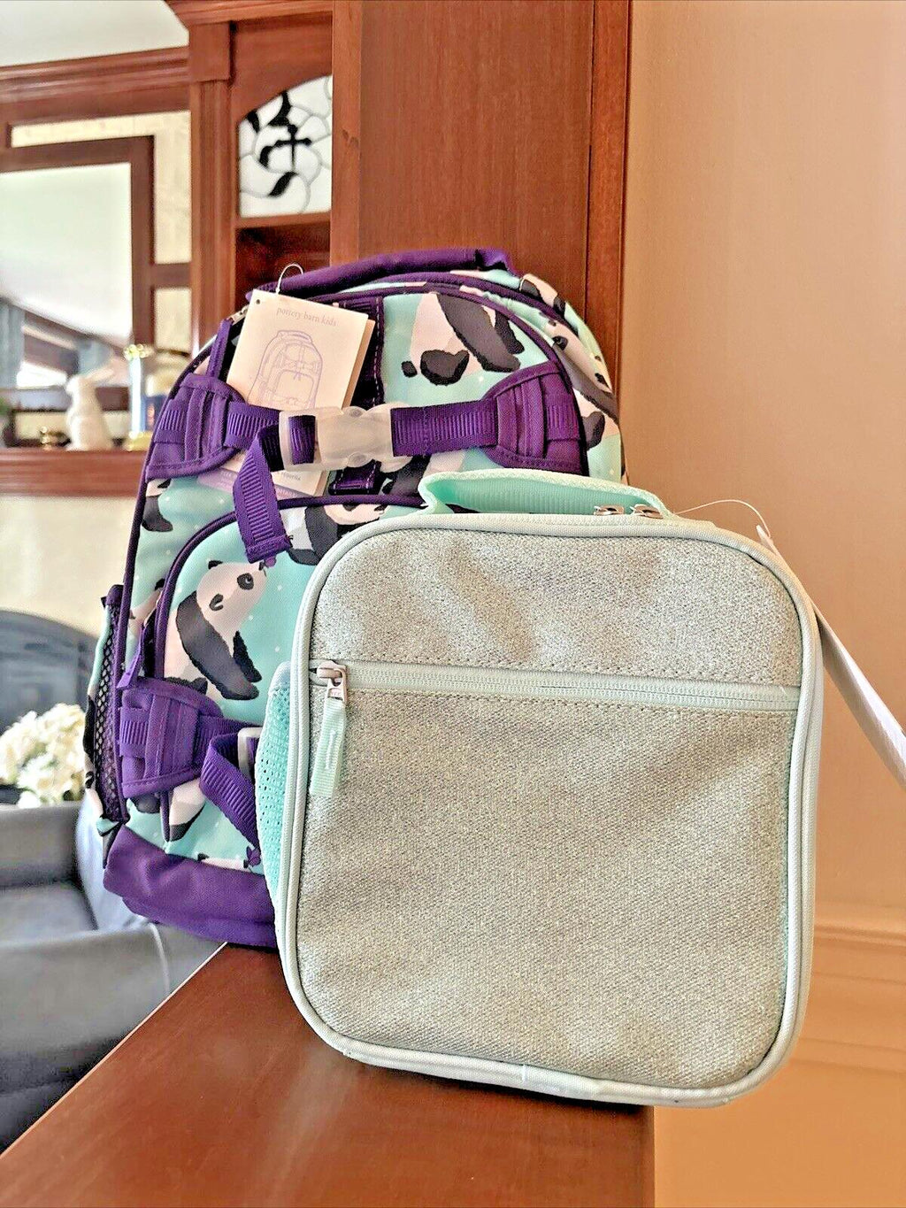 School Pottery barn Glitter BACKPACK Lunch Travel Bag Panda Disney girl ??  .