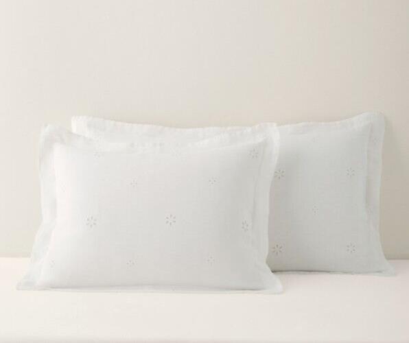 Garnet Hill Linen KING Pillow Sham Eyelet holiday WHITE Wedding gift kid SET 2 -