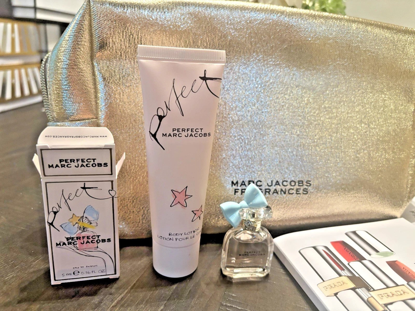 Prada Marc Jacobs Holiday Gift SET Gold Perfume+ Mascara Bag wedding Birthday ??
