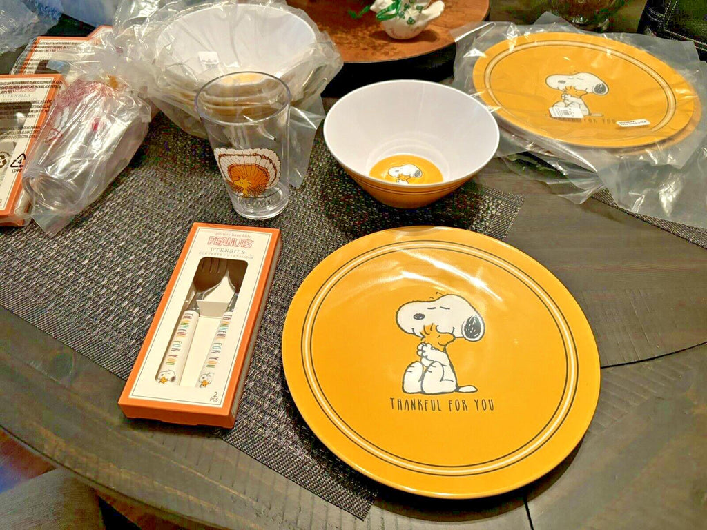 Disney Snoopy Pottery Barn plate cup Bowl+UTENSILS Peanuts Party Disney SET 16