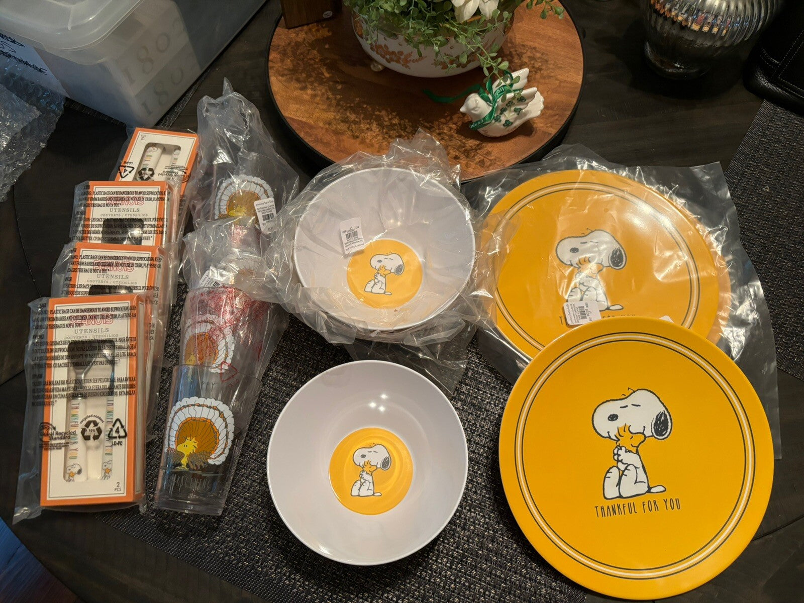Disney Snoopy Pottery Barn plate cup Bowl+UTENSILS Peanuts Party Disney SET 16
