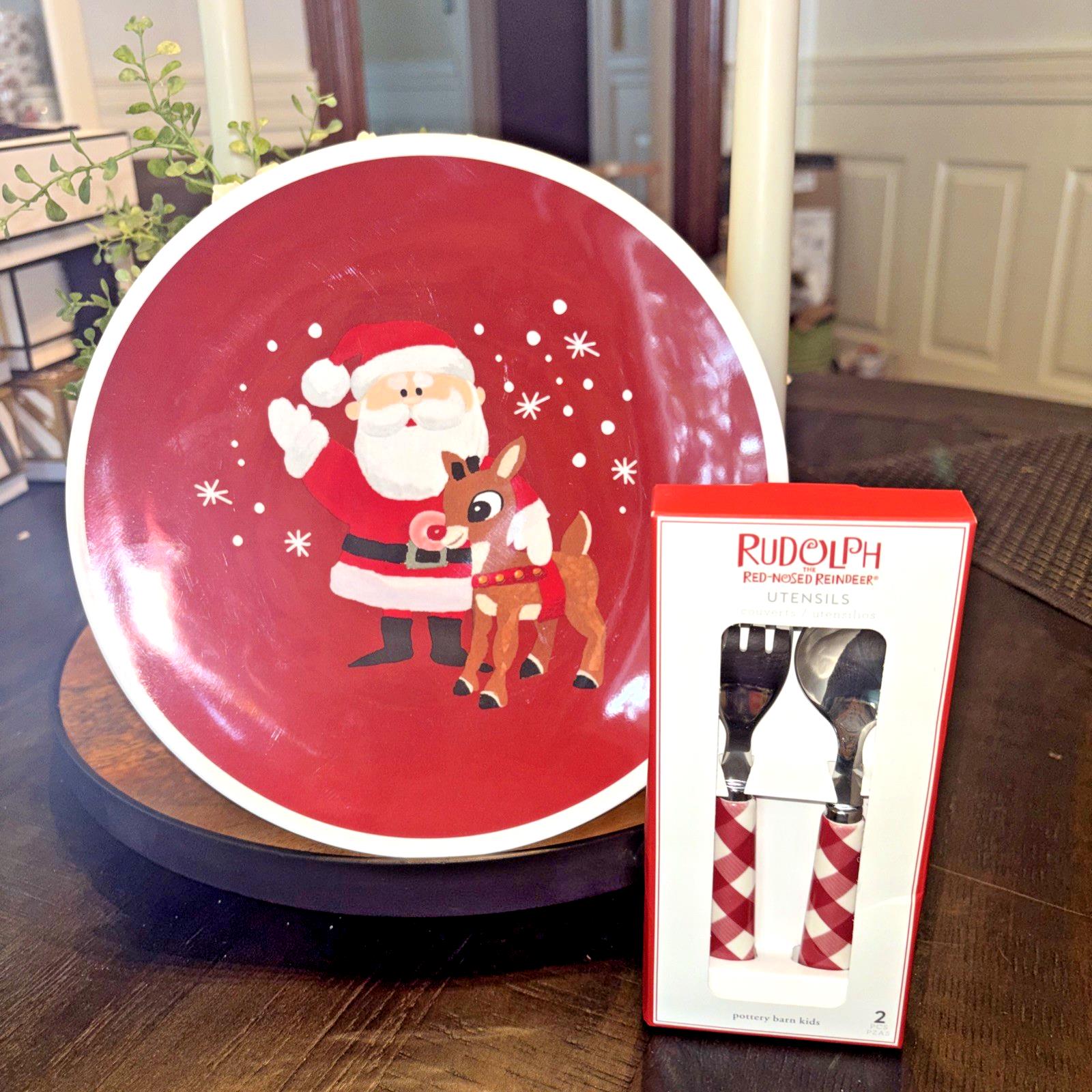 Pottery Barn Rudolph holiday Reindeer Santa Christmas dinner Plate party SET kid
