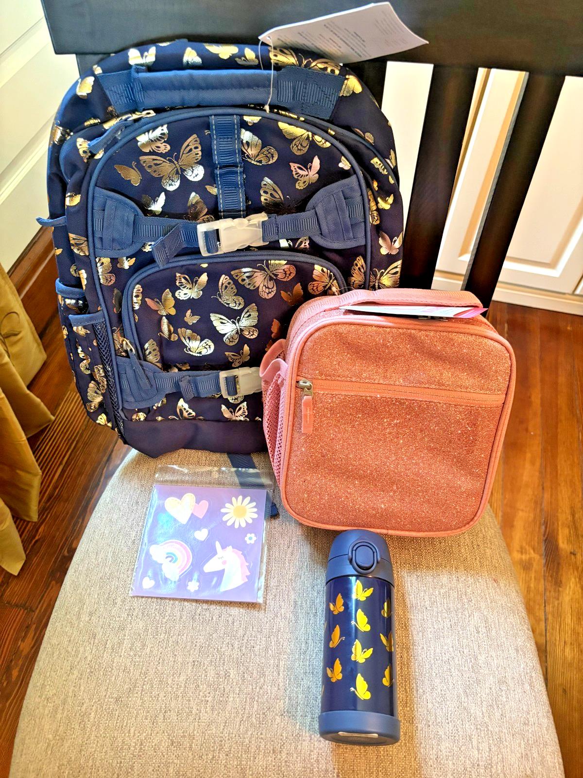 Pottery Barn School Disney glitter BACKPACK +LUNCH bag +Water Travel girl gold -