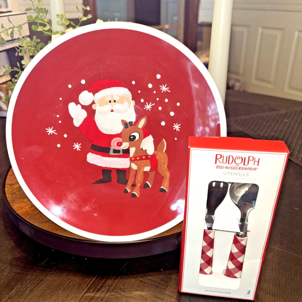 Pottery Barn Rudolph holiday Reindeer Santa Christmas dinner Plate party SET kid