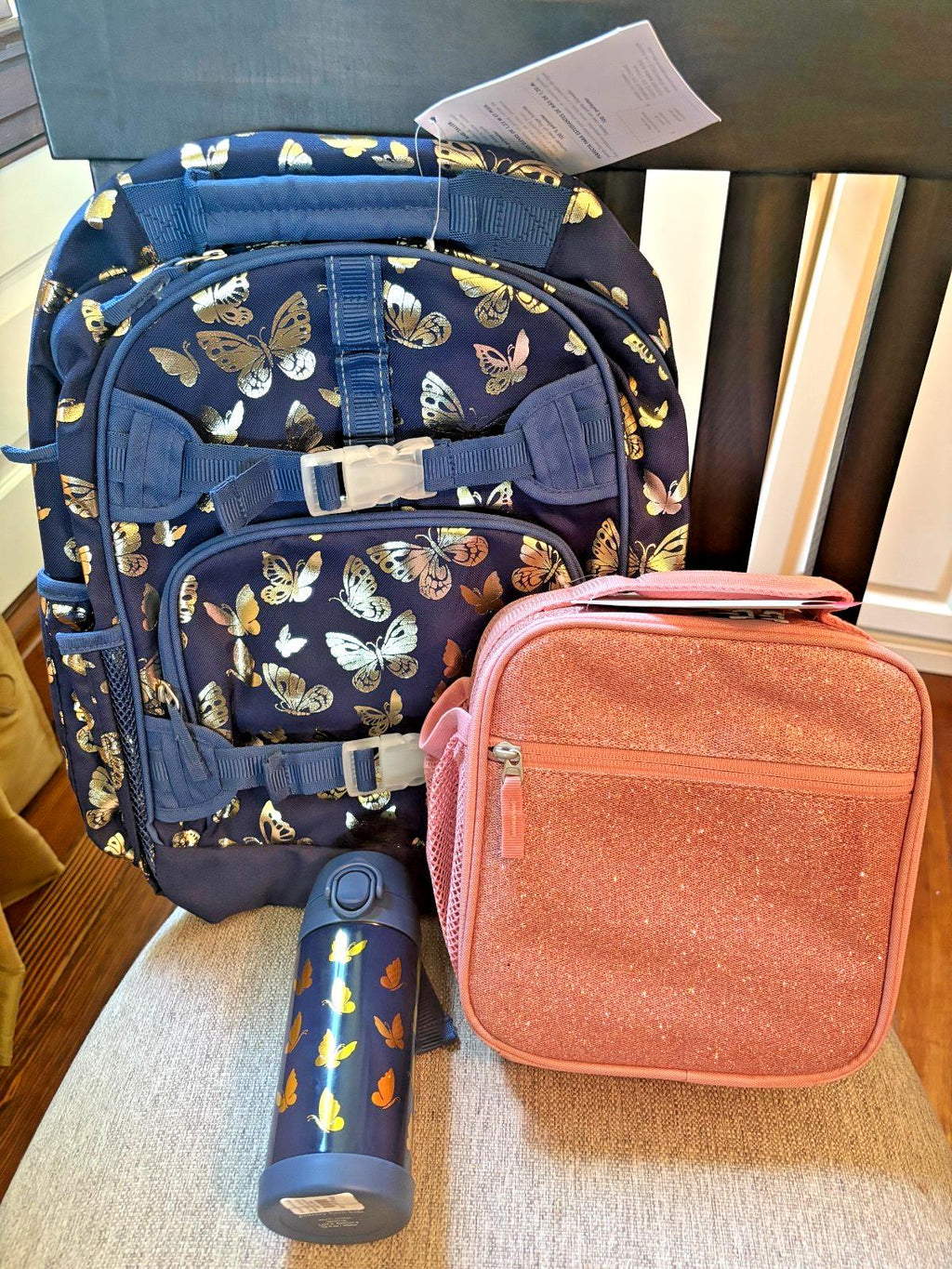 Pottery Barn School Disney glitter BACKPACK +LUNCH bag +Water Travel girl gold -