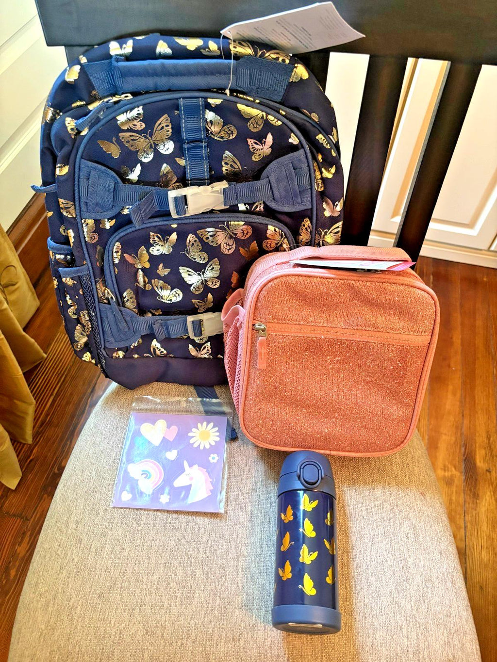Pottery Barn School Disney glitter BACKPACK +LUNCH bag +Water Travel girl gold -