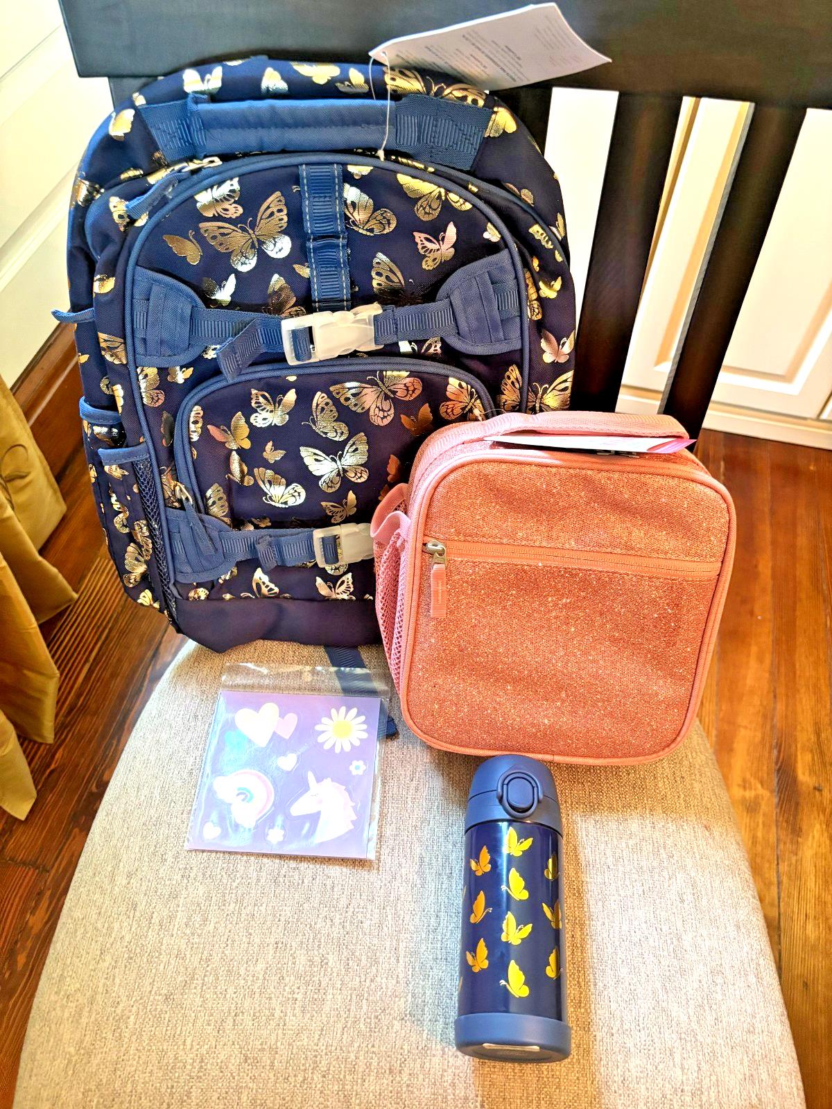Pottery Barn School Disney glitter BACKPACK +LUNCH bag +Water Travel girl gold -