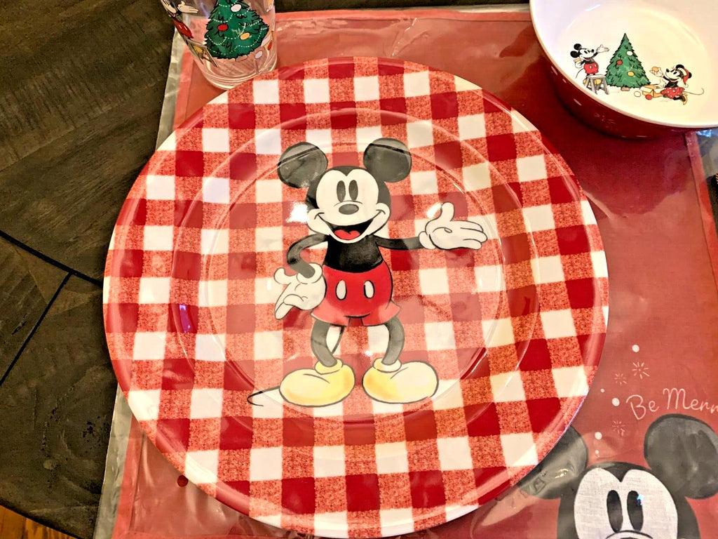 Disney Pottery barn Mickey Mouse Plate holiday plaid Christmas party school a
