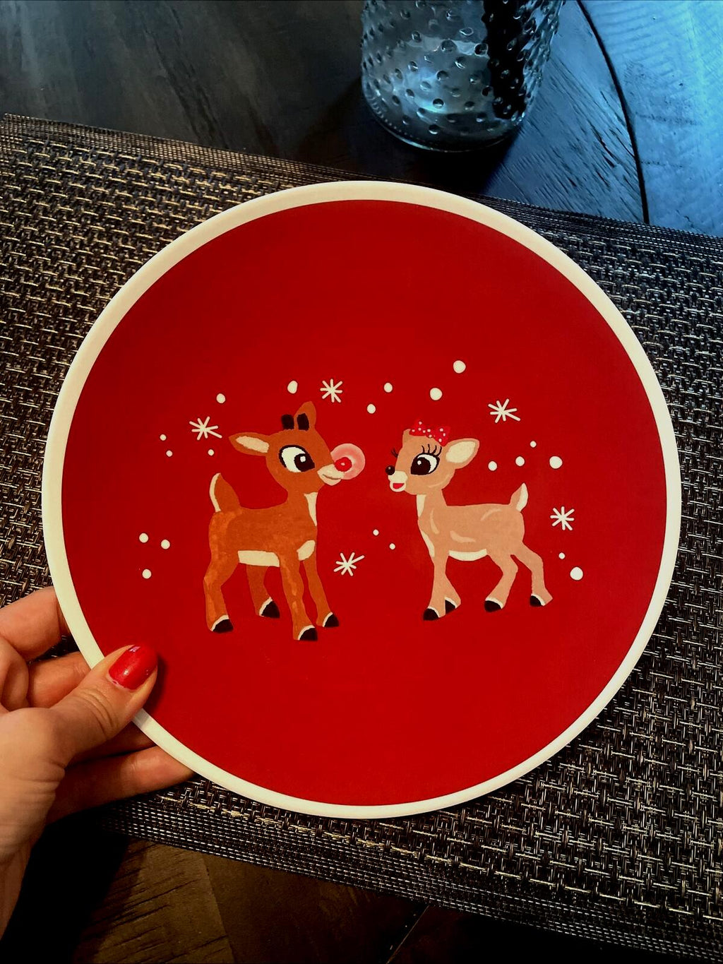 Pottery Barn holiday Rudolph Reindeer Clarice Christmas PLATE+ UTENSIL party