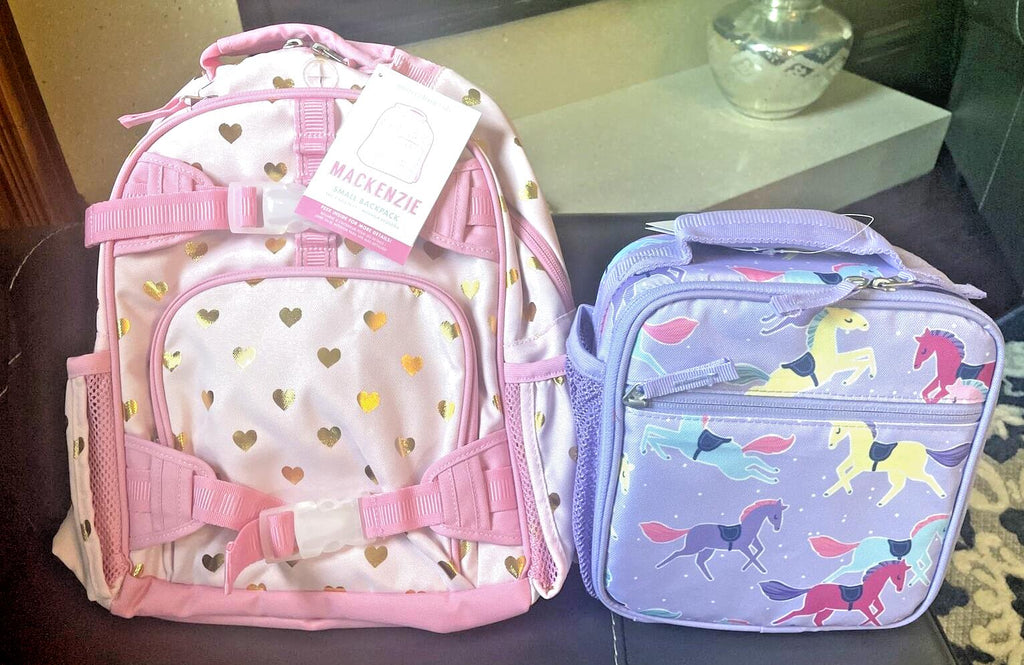 Pottery barn School Glitter BACKPACK Rainbow HEART + Lunch BOX Disney princess n