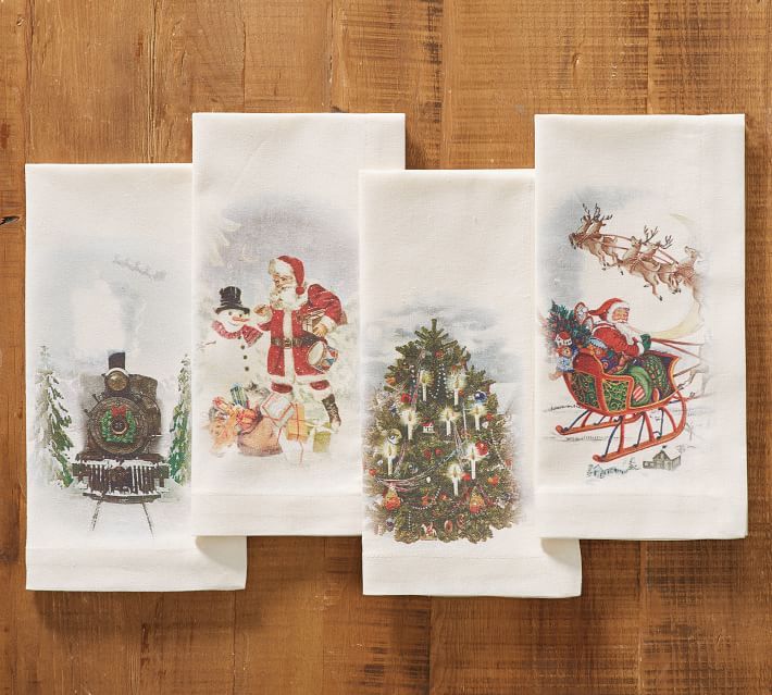 Pottery barn Christmas party napkin gift holiday Santa snowman tree SET 4 ]