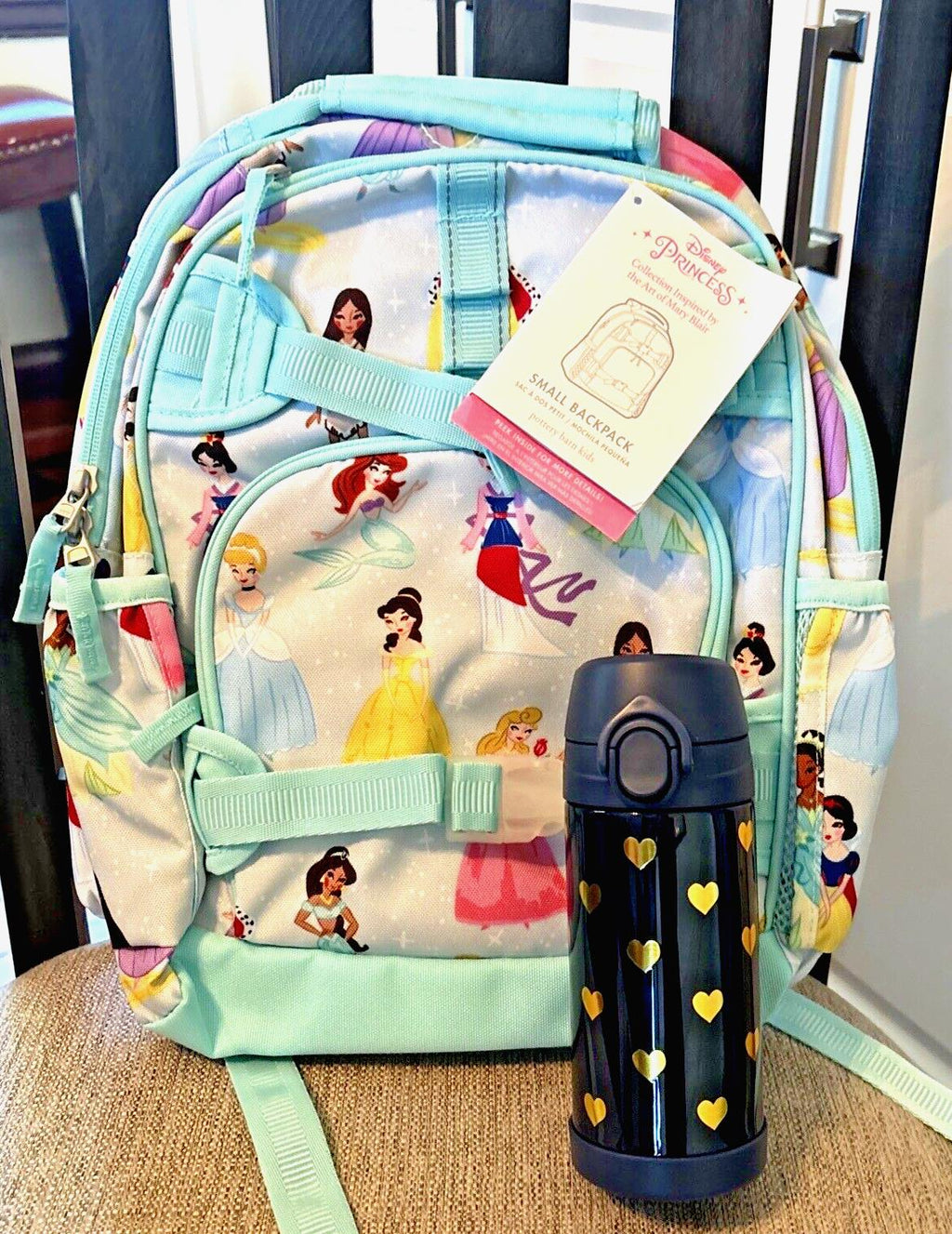 Pottery Barn School Disney BACKPACK princess+Water bottle heart Belle Travel .