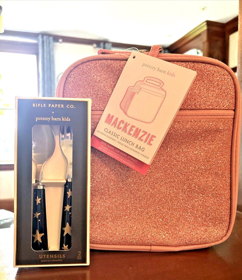 Pottery Barn School Glitter Rainbow pink Disney girl LUNCH BOX BAG+Utensil Set ]