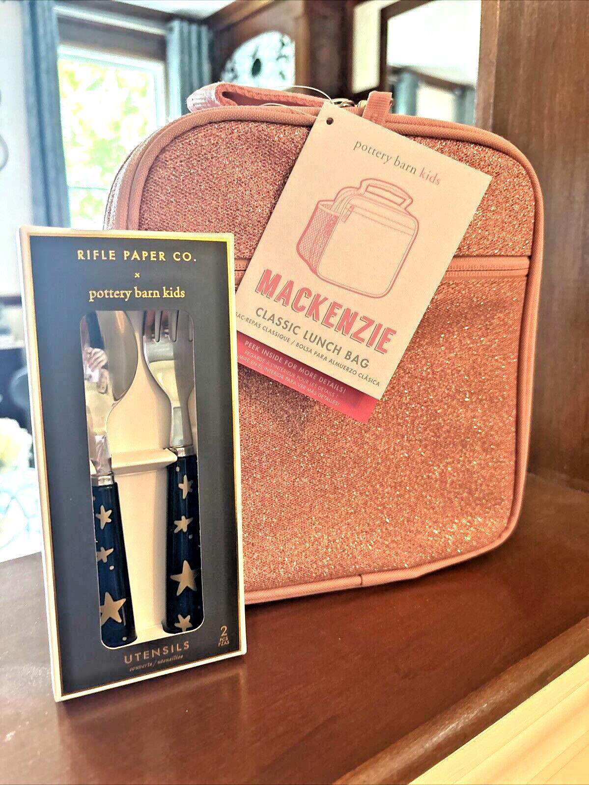 Pottery Barn School Glitter Rainbow pink Disney girl LUNCH BOX BAG+Utensil Set ]