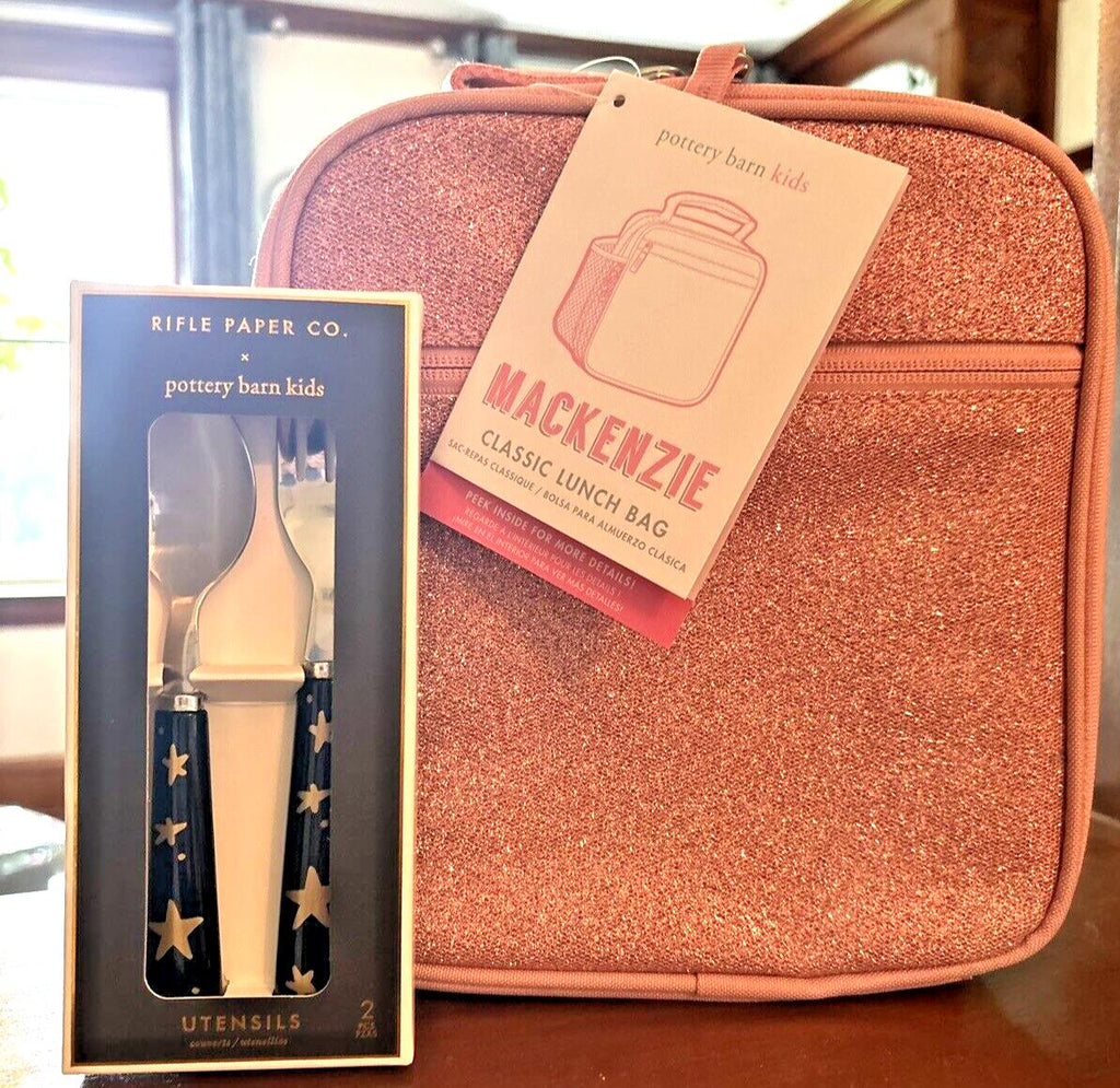 Pottery Barn School Glitter Rainbow pink Disney girl LUNCH BOX BAG+Utensil Set ]