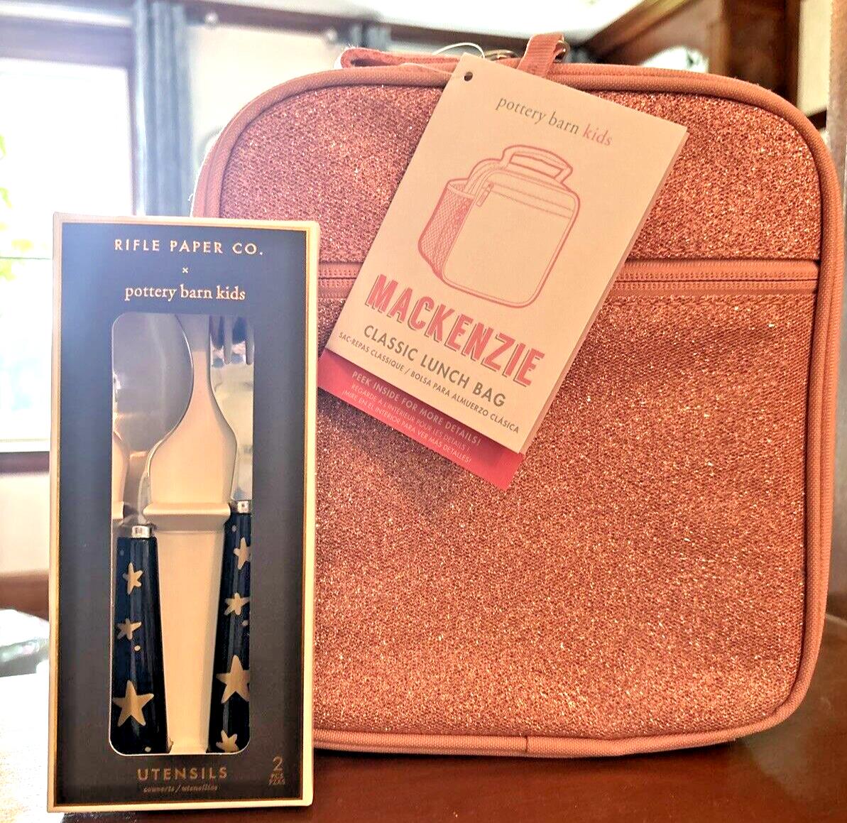 Pottery Barn School Glitter Rainbow pink Disney girl LUNCH BOX BAG+Utensil Set ]