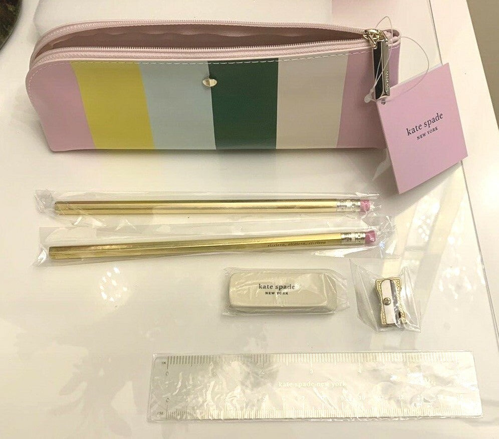 Kate Spade School Pencil Case bag gold pencil eraser ruler girl college teen =