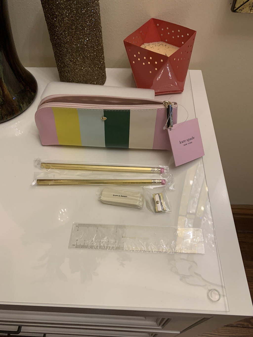 Kate Spade School Pencil Case bag gold pencil eraser ruler girl college teen =