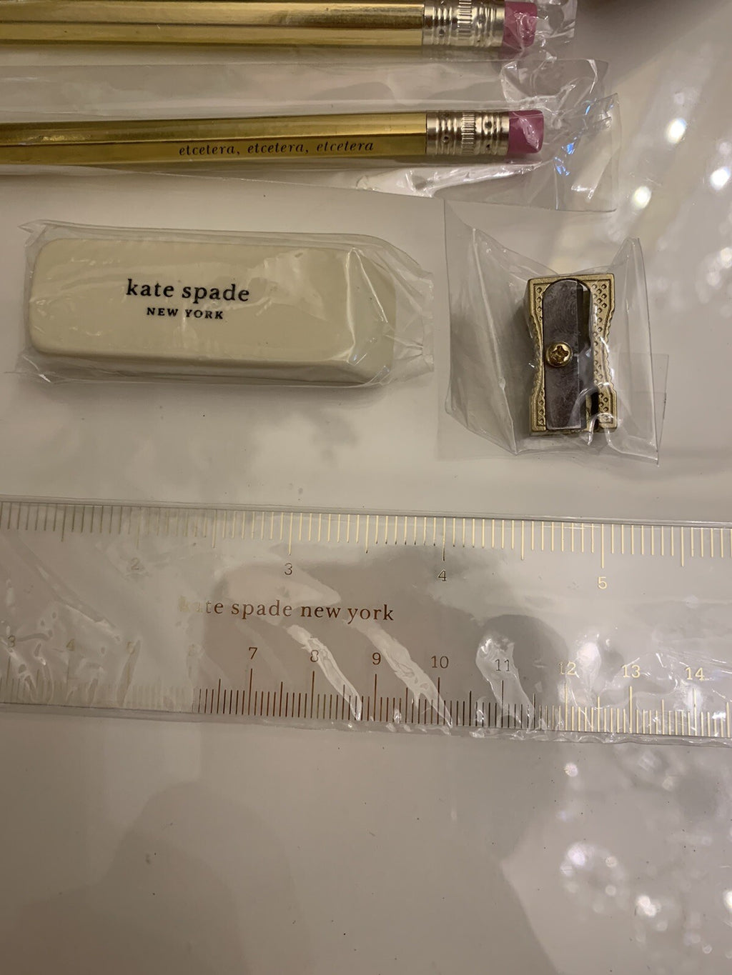 Kate Spade School Pencil Case bag gold pencil eraser ruler girl college teen =