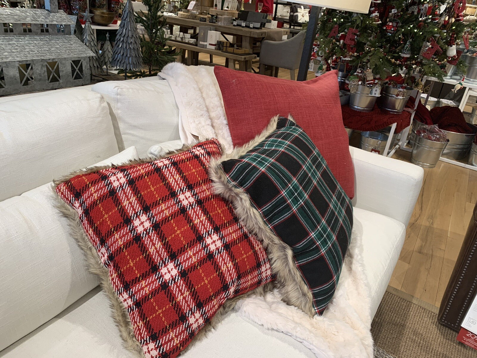 Pottery Barn holiday Plaid Pillow Cover Disney Fur party gift red Sham mom `