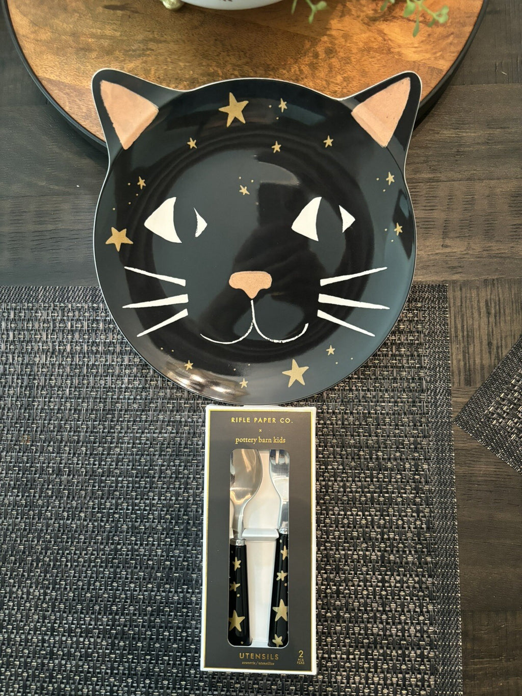 Pottery Barn Halloween PLATE+ UTENSI+CUP Holiday party black cat Dinner SET 12 -