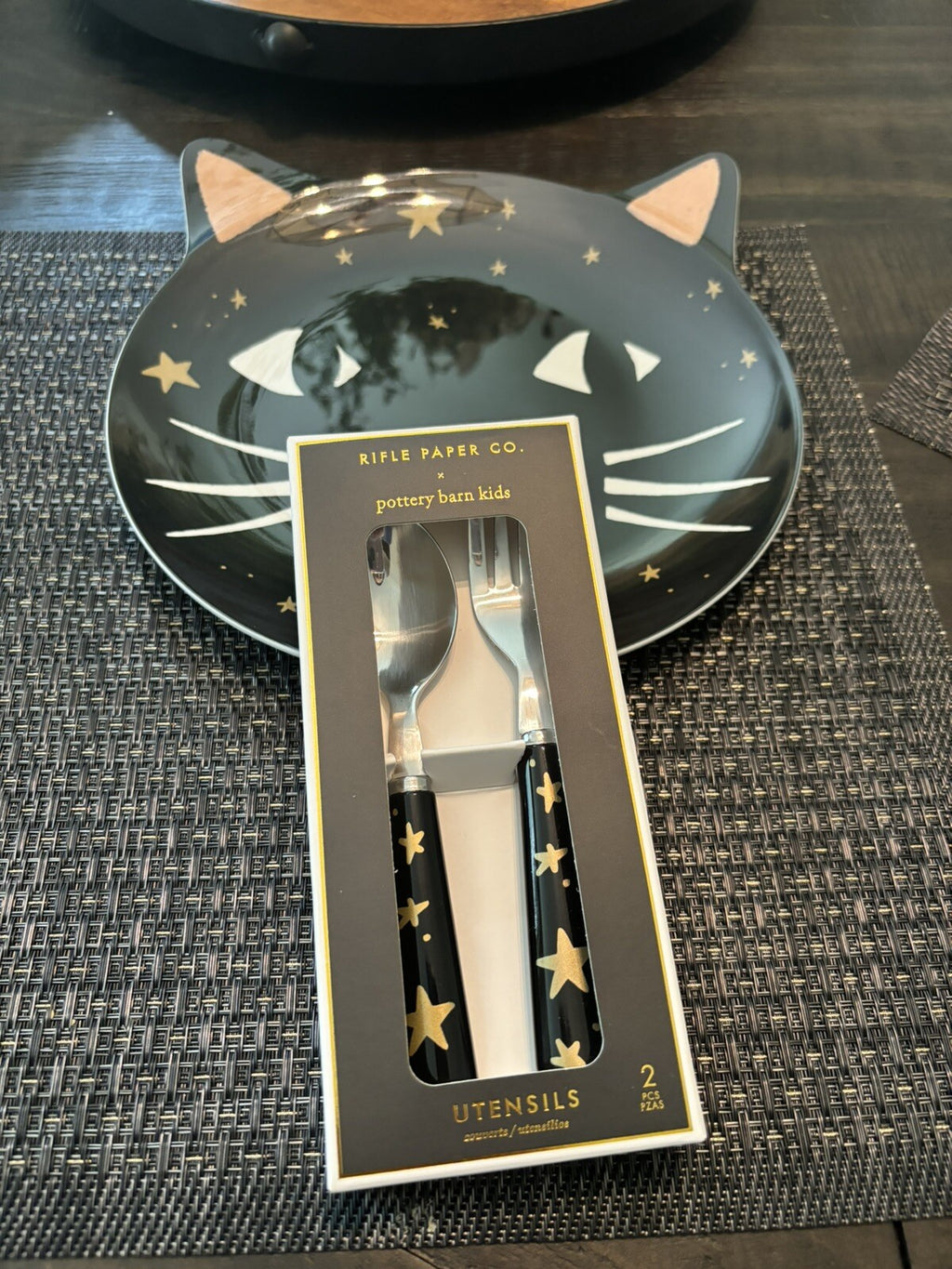 Pottery Barn Halloween PLATE+ UTENSI+CUP Holiday party black cat Dinner SET 12 -