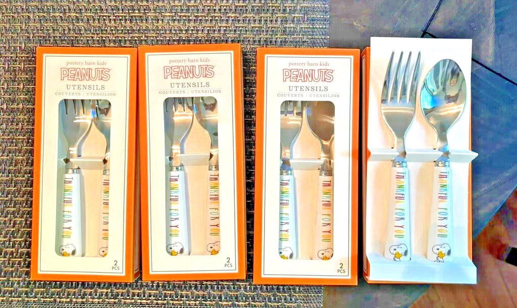 Pottery Barn Holiday Snoopy Disney School UTENSIL peanuts Thanksgiving SET 4 .