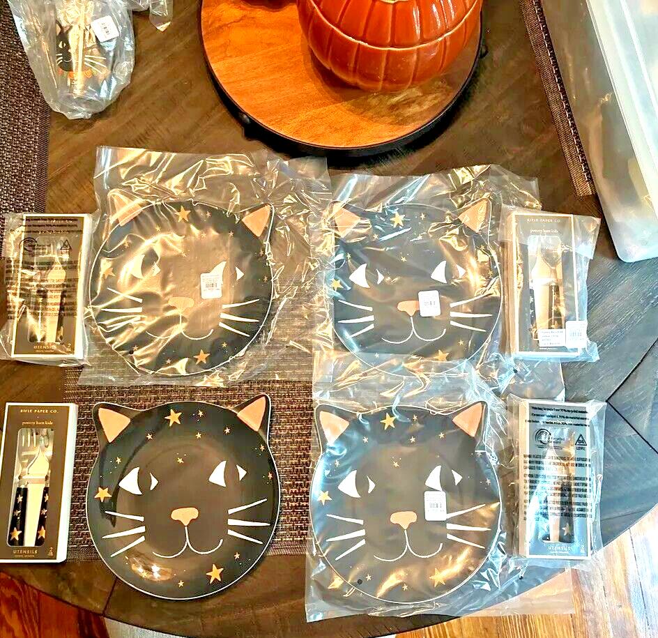 Pottery Barn Disney Halloween Holiday PLATE+UTENSIL party black cat SET 8 kid  !