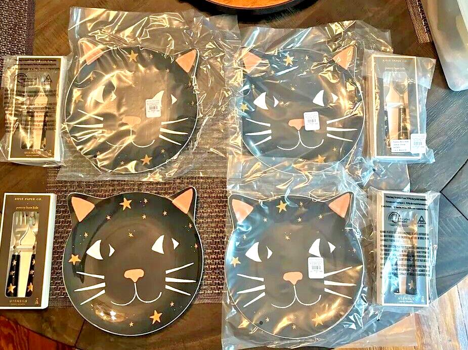 Pottery Barn Disney Halloween Holiday PLATE+UTENSIL party black cat SET 8 kid  !