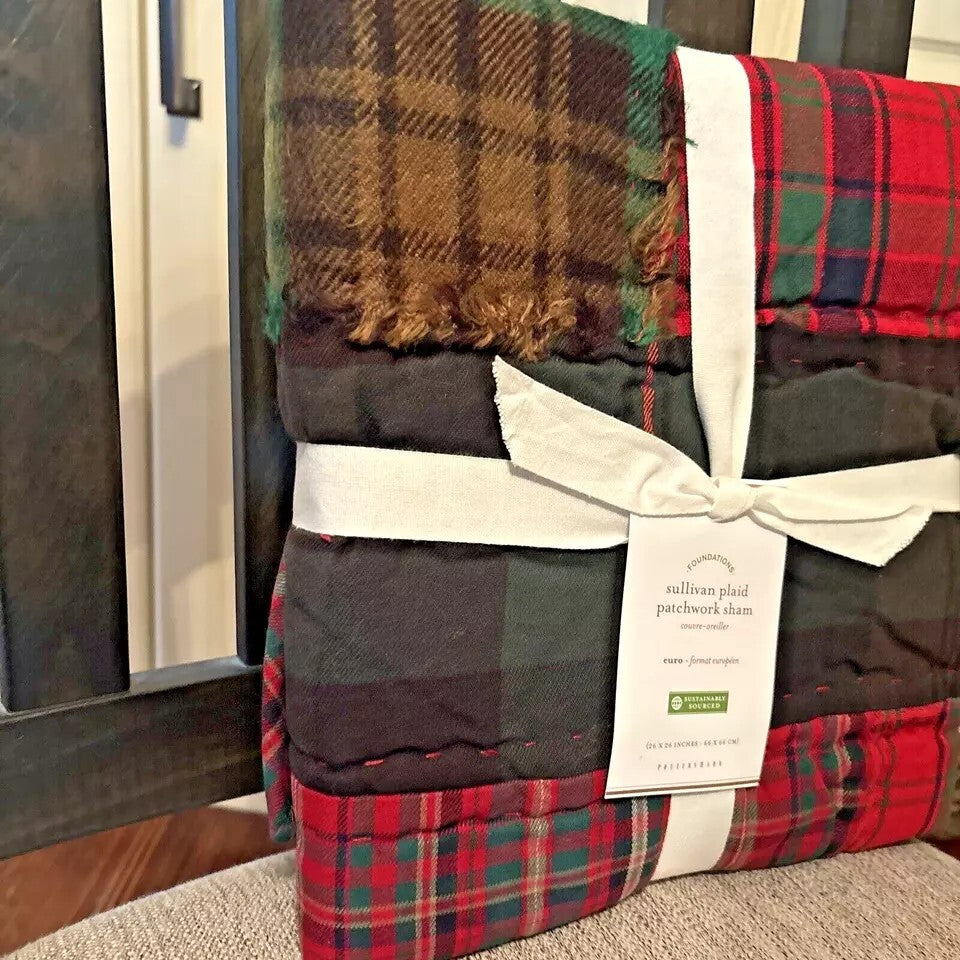 Pottery Barn holiday PLAID PATCHWORK Pillow Sham sullivan Party Guest?  `
