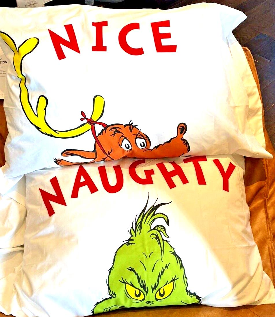Grinch Pottery Barn holiday Christmas PILLOWCASE Dr Seuss Disney TV kid SET 2 =