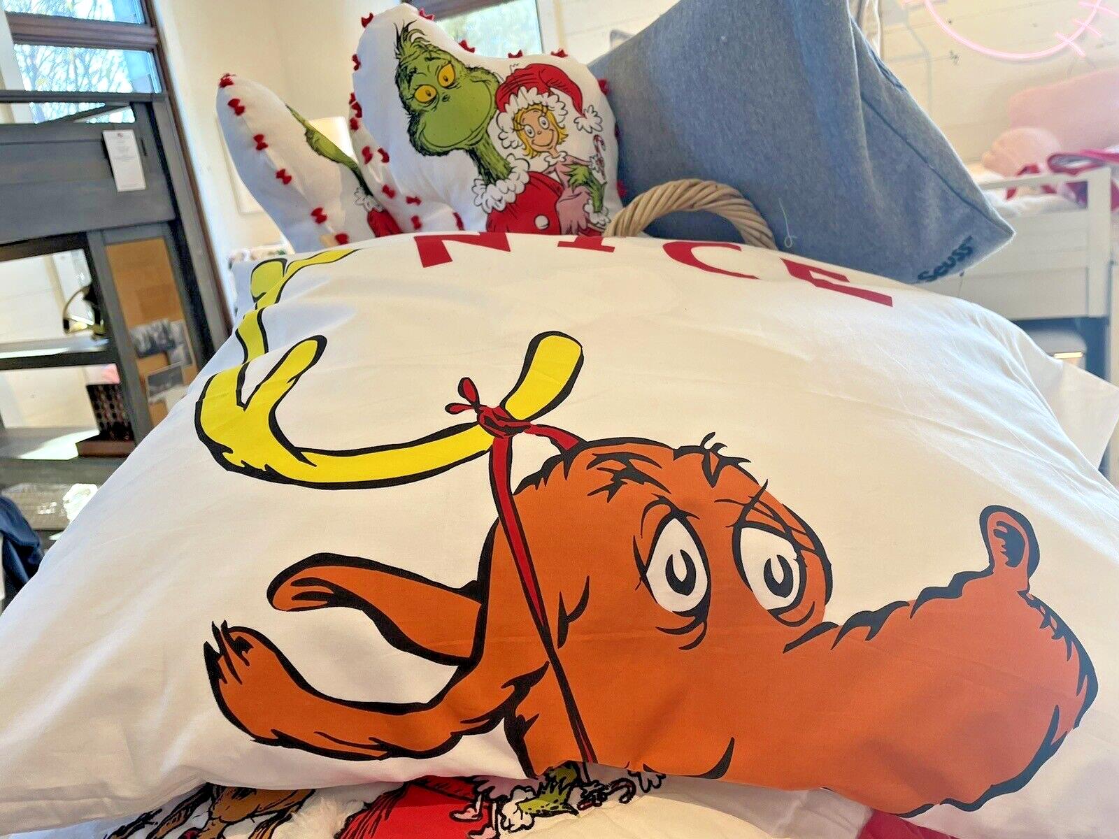 Grinch Pottery Barn holiday Christmas PILLOWCASE Dr Seuss Disney TV kid SET 2 =
