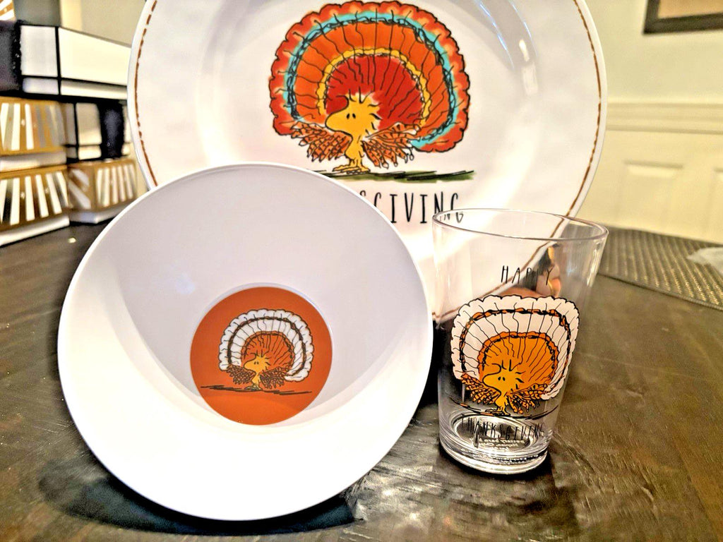 Disney Snoopy Pottery Barn holiday PLATE BOWL CUP Thanksgiving Peanuts school