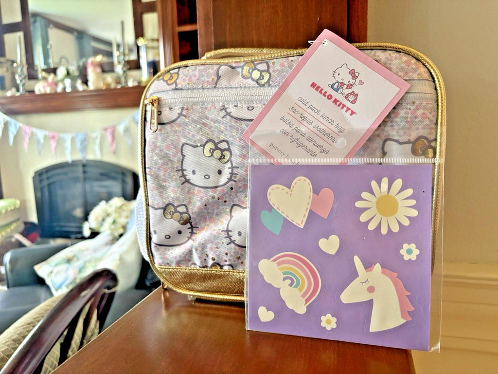 School Disney Pottery Barn Hello Kitty cat Lunch box bag pre-k holiday+Sticker -