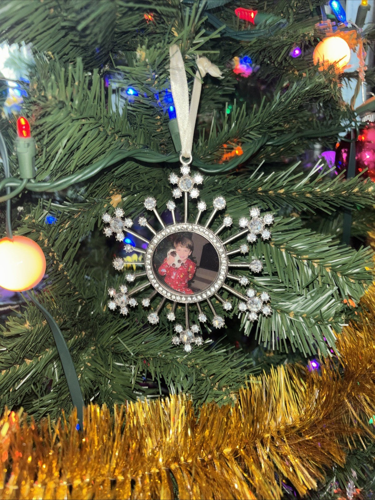 pottery barn holiday ornament Christmas Snowflake gift school picture kid `