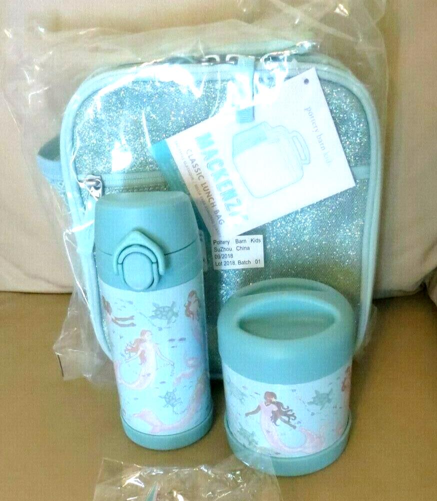 Pottery barn LUNCH BOX bag school Disney Mermaid +WATER BOTTLE set rainbow ?? .
