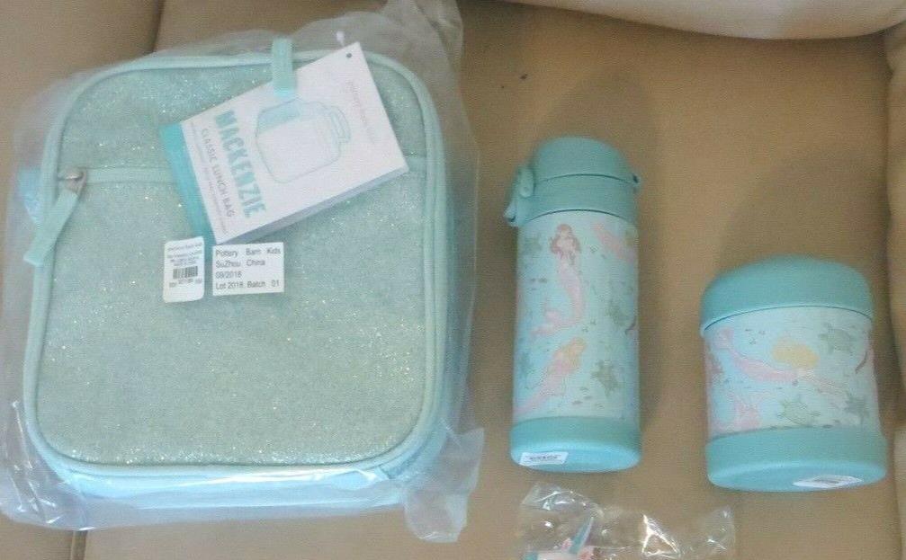 Pottery barn LUNCH BOX bag school Disney Mermaid +WATER BOTTLE set rainbow ?? .